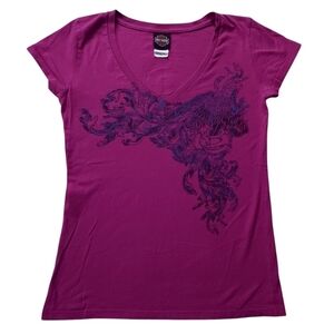 Harley Davidson sz L Pink Metallic Blue V Neck Biker Top